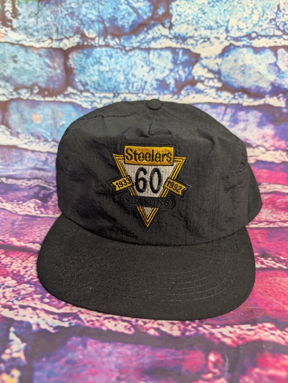 Pittsburgh Steelers 60 Seasons Snapback Cap Hat Black Adjustable 90s Vtg Nylon